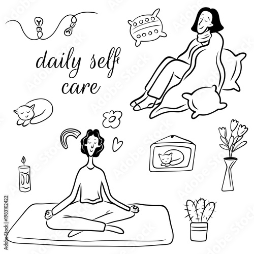 Vector illustration of girls taking care of their mental health in doodle style. Self-care, Harmony