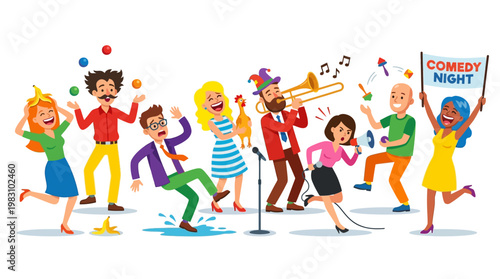 Group of people enjoying a comedy night with music and dancing together happily