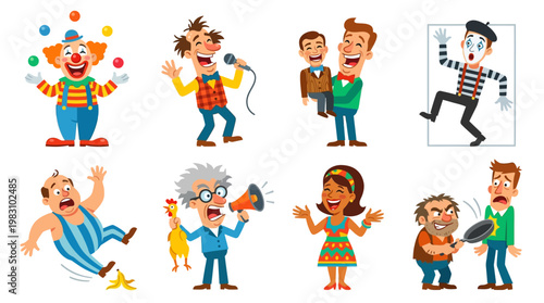 Cartoon characters expressing joy and laughter in various comedic scenes and actions
