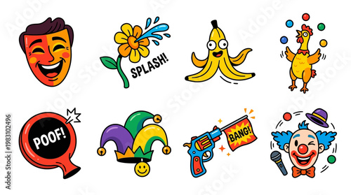 Colorful cartoon illustrations of comedy and theater elements with emotive characters