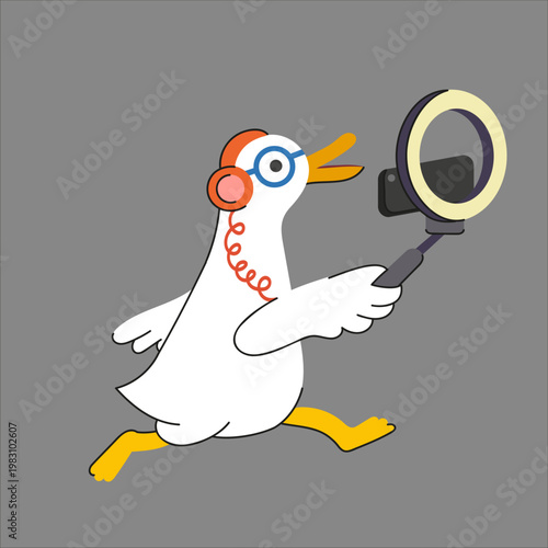 Cute cartoon goose content creator filming with smartphone and ring light. Funny vector character wearing headphones, vlog and social media influencer concept. Flat modern illustration.