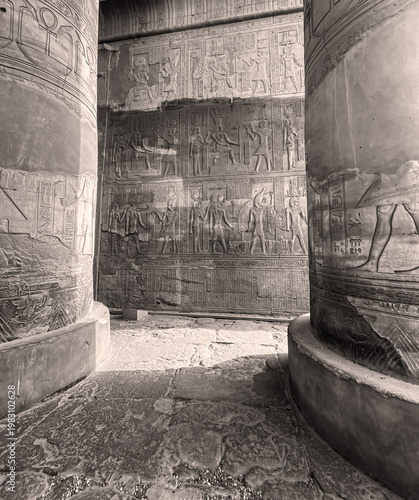 Temple of Kom Ombo pillars and wall with water mark when it was submerged. Egypt 