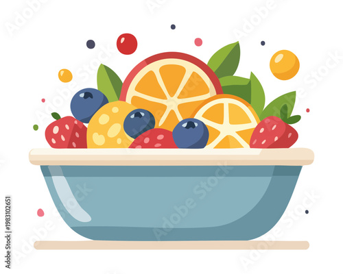Colorful fruit salad bowl with assorted fresh berries and citrus fruits for healthy and refreshing snack - Vector Illustration