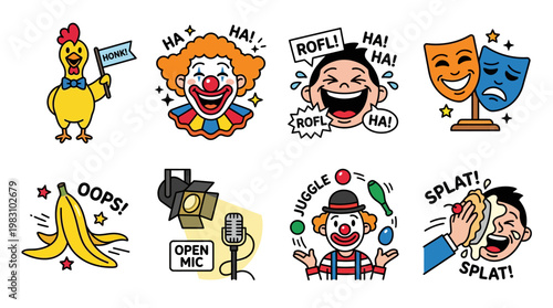 Funny cartoon characters and comedy icons expressing laughter and humor in various playful scenes and actions together