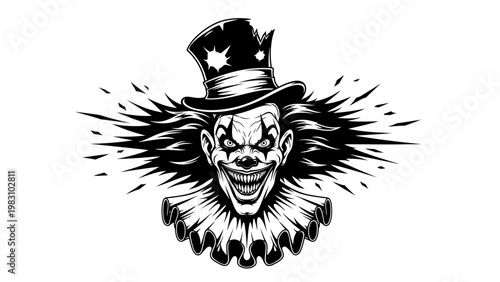 Scary Clown Face with Top Hat and Ruffled Collar, Horror Halloween Illustration