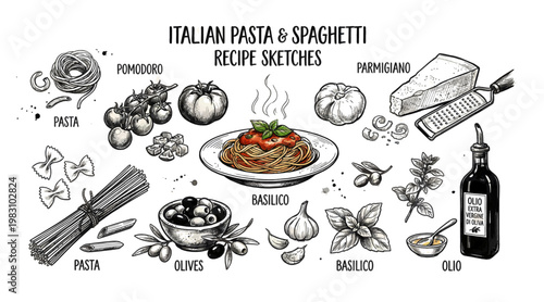 Detailed vector sketches of Italian pasta ingredients and a complete spaghetti dish against a transparent background for versatile design use.