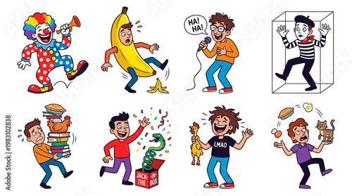 Various cartoon characters expressing comedic actions and reactions in different scenarios