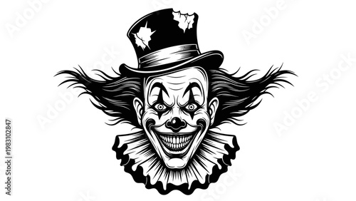 Scary Clown Face with Top Hat, Horror, Halloween, Spooky, Evil Grin, Vintage Black and White Illustration