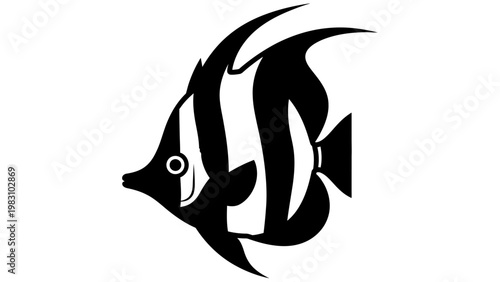 Black and White Striped Angelfish Silhouette, Tropical Marine Life, Vector Illustration