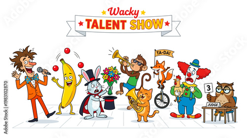 Colorful characters perform at a lively wacky talent show with a judge