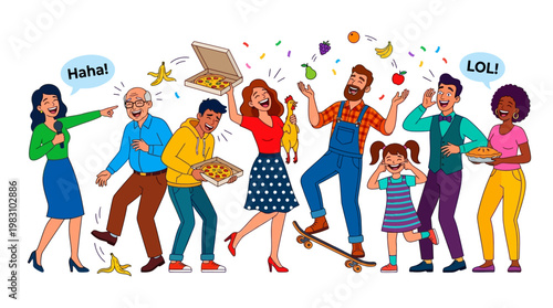 Diverse group of people laughing and having fun together with food and confetti