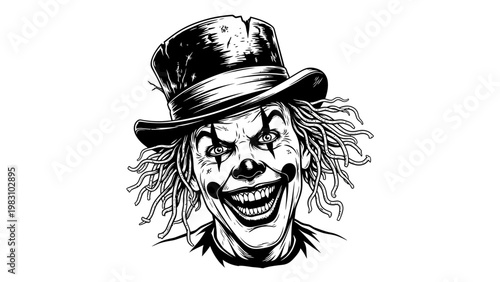 Scary Clown with Top Hat, Evil Grin, Horror, Black and White Illustration