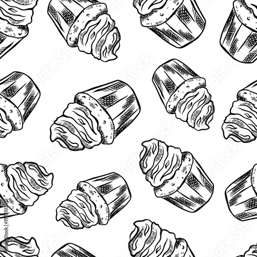 Background with vector sweets. Seamless hand-drawn pattern with a black and white cupcake for fabric, decor, and elements