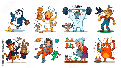 Colorful cartoon characters engaging in various fun and playful activities together always