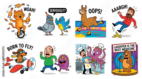 Funny cartoon characters performing various comedic actions and expressions daily