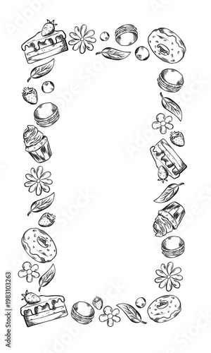 Border, frame with vector sweets. Frame, sweets, pastry, cake, donut for menus, decor, elements, advertising