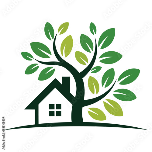 A house growing from a tree symbolizing sustainable living and nature harmony