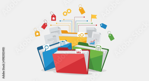 Colorful folders with documents and digital icons representing file sharing and data management.