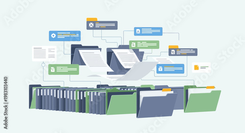Digital file management and organization concept with folders and documents.