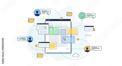 Illustration of cloud computing and data sharing with multiple users and devices.