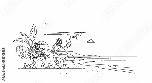 Military drone operation on a tropical beach, soldiers controlling UAV for surveillance