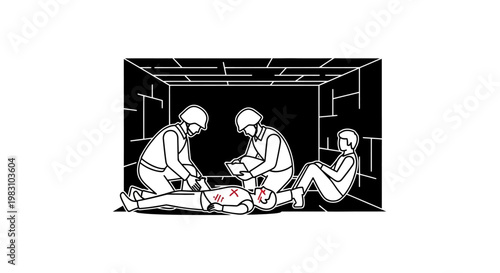 Military medics providing first aid to wounded soldier in combat zone