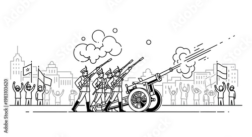 Military parade with cannon firing and cheering crowd, celebratory atmosphere