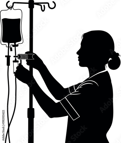 Medical professional adjusting intravenous drip infusion therapy equipment