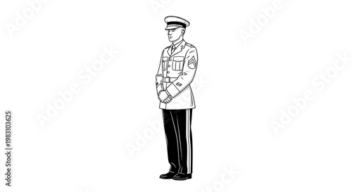 Military Officer Standing at Attention in Uniform, Black and White Line Art