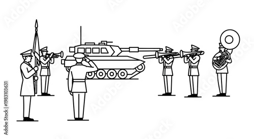 Military Parade: Tank, Band, and Honor Guard in Formation