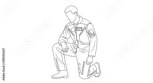 Military Pilot Kneeling in Uniform, Respectful Pose, Air Force Service