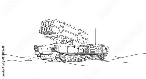Military rocket launcher on tracks, futuristic design, desert landscape, white background