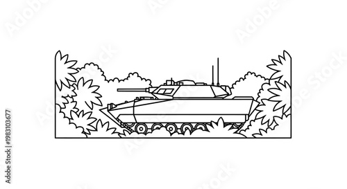 Military Tank Camouflaged in Lush Green Foliage, Combat Vehicle Illustration