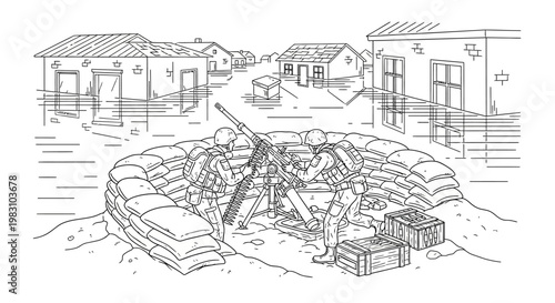 Military soldiers operating anti-aircraft gun in fortified position during wartime combat