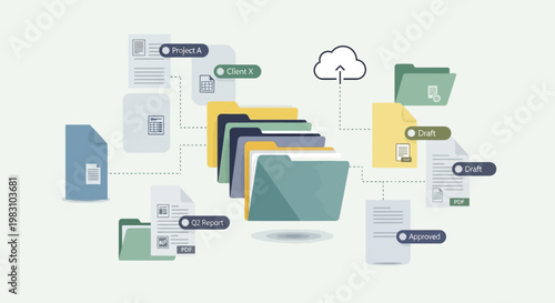 Digital file management system with organized folders and cloud storage icons.