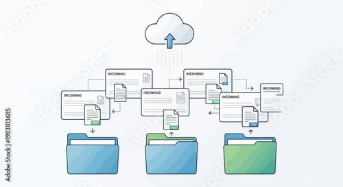 Conceptual illustration of cloud storage and file synchronization across multiple folders.