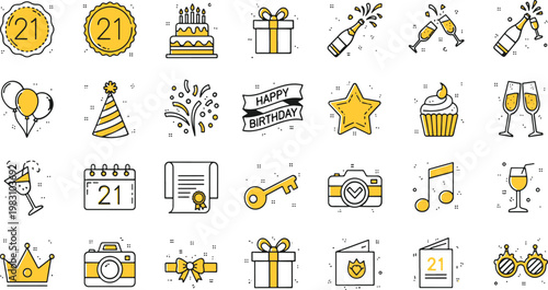 Colorful 21st birthday celebration icons set with party elements, confetti, and festive symbols flat design