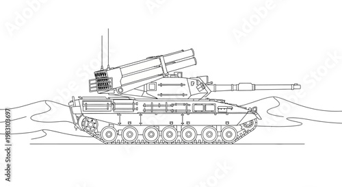 Military Tank with Rocket Launcher - Line Art Illustration