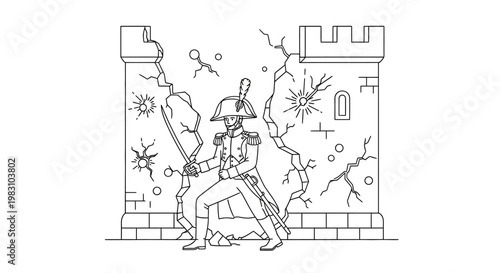 Napoleonic Soldier in Ruined Castle, Sword Drawn, Battle Scene
