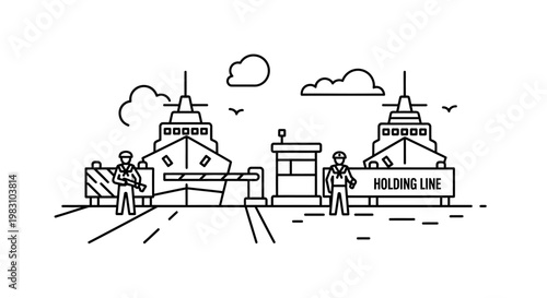 Naval Security Checkpoint: Military Ships, Guards, and Holding Line