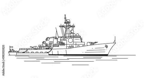 Outline drawing of a modern warship, naval vessel, military ship, destroyer, illustration