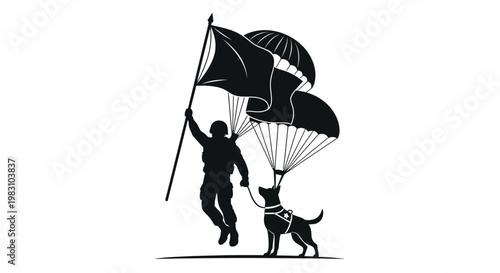 Paratrooper with Flag and Dog Descending, Military Airborne Operation, Freedom Symbolism