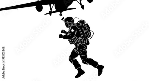 Paratrooper Jumps From Airplane Silhouette, Military Airborne Operation