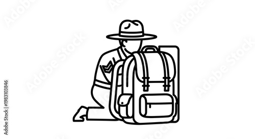 Park Ranger Kneeling Beside Large Backpack, Outdoor Adventure Gear, Hiking and Camping Equipment