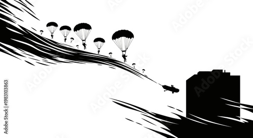 Paratroopers Descending on City Building - Black and White Graphic Illustration