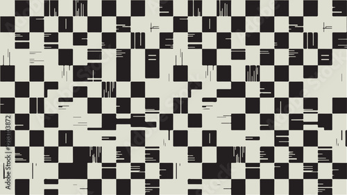 A distorted black and white checkerboard pattern with digital glitch artifacts and noise texture