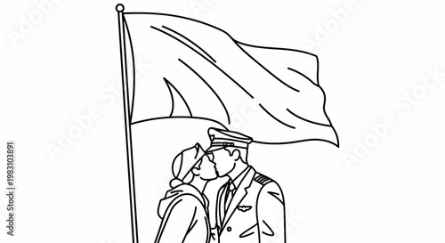 Pilot kisses woman goodbye under waving flag, farewell, love, departure, patriotism, military couple