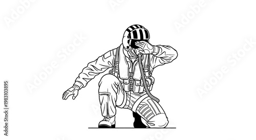 Pilot in flight suit kneeling, covering face, military aviation, fighter jet pilot.