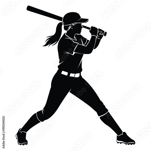 A female softball player in a black uniform is poised to swing her bat.