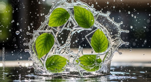 Eco-friendly recycling symbol with green leaves made of water splash